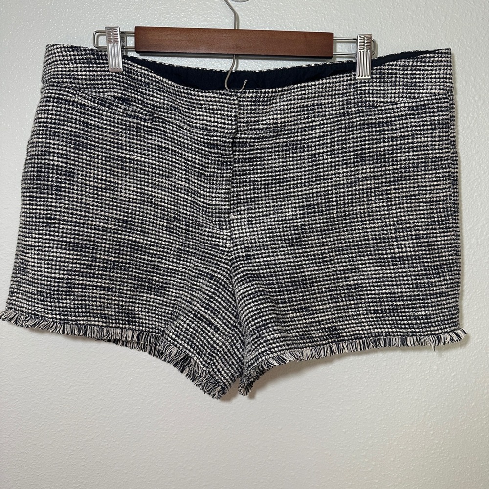 Ann Taylor Factory Signature Tweed Shorts Black White Fringe Hem Size 14